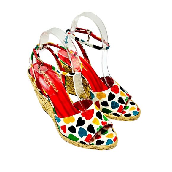 NIB Saint Laurent YSL Paloma 38 US 8 Multi Heart Print Espadrille Wedge Sandals - Picture 1 of 14